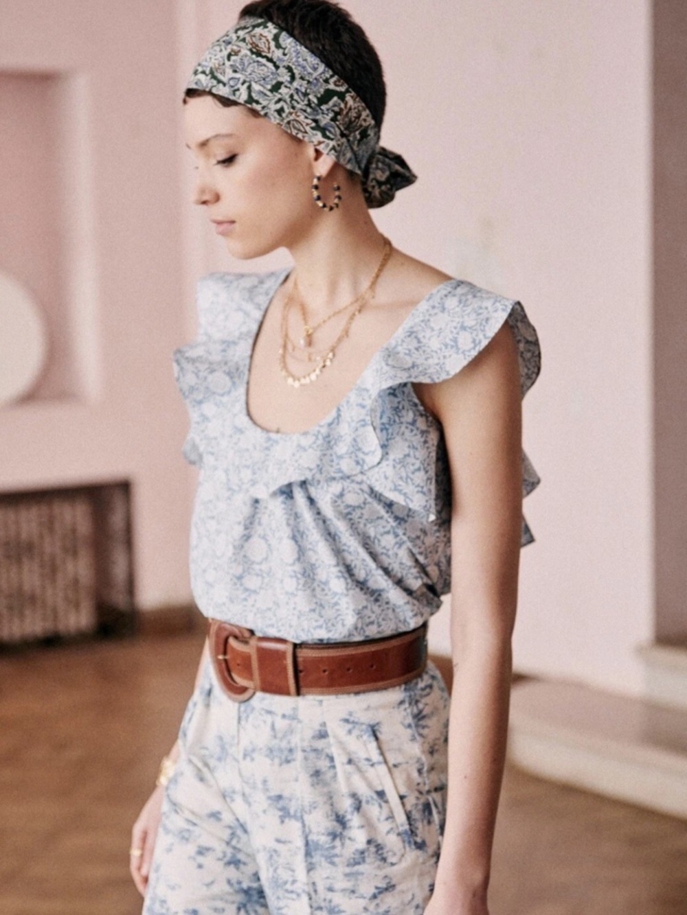 Sezane Light Blue Floral Ruffle Sleeve Top